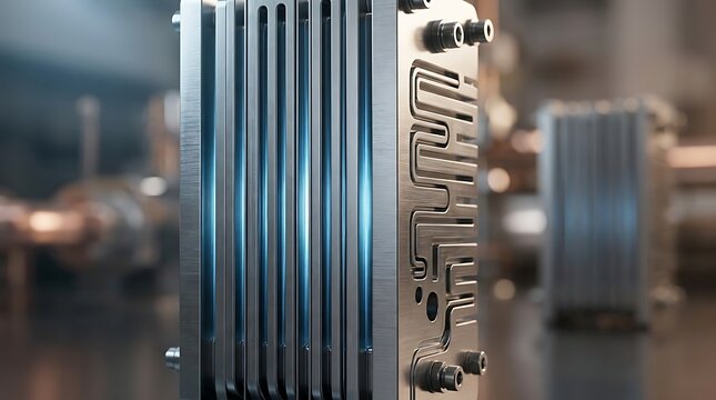 Modern industrial fuel cell stack with intricate metal cooling channels and fluid connectors for clean energy innovation and sustainable power generation