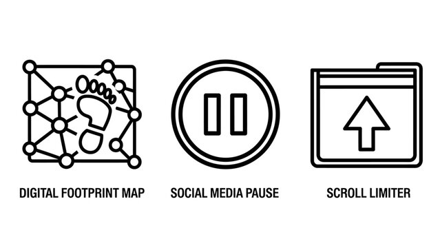 Digital footprint map social media pause and scroll limiter icons with footprint internet tracking technology connection activity illustration browsing navigation scrolling interface