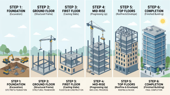 Six step building construction process infographic showing foundation excavation structural framework steel erection floor slab casting mid rise development roofing faade and finished architecture