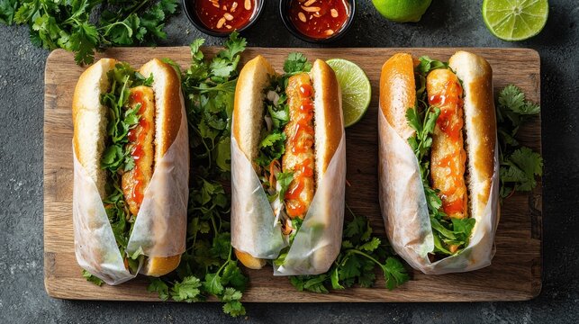 Premium Vietnamese banh mi sandwiches three gourmet subs wooden cutting board parchment paper wrapped fresh cilantro lime halves chili sauce overhead view