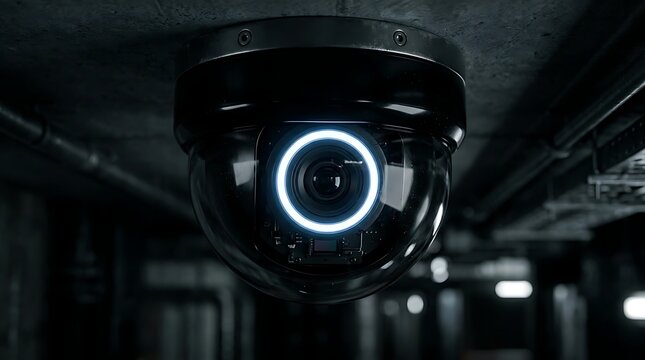 Modern surveillance dome camera with glowing blue ring light mounted on ceiling in dark industrial environment for security and monitoring