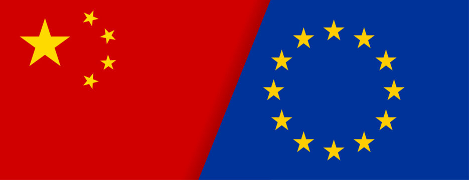 中国国旗と欧州旗の組み合わせデザイン Combined China and European Union Flags Background
