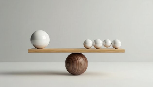 Balanced scale with white spheres on a wooden board against a neutral background
