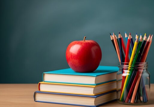 Vibrant school supplies and books with a fresh red apple on top