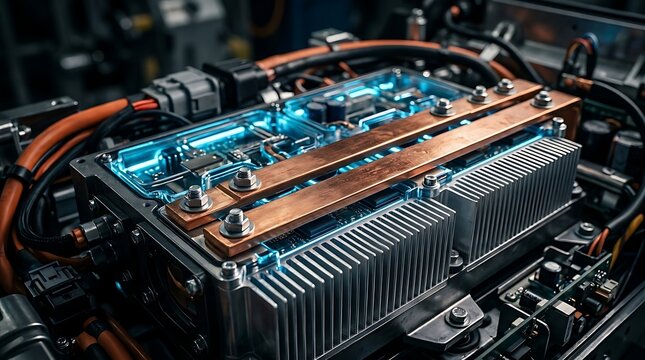 Advanced electric vehicle power electronics module with illuminated blue circuits and copper conductors showcasing innovative automotive technology
