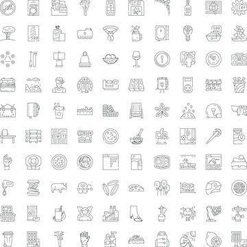 Large collection of thin line icons featuring simple symbols and graphic elements illustrating a wide array of themes including technology, food, nature, travel, business, and everyday objects