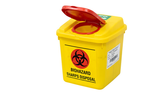 Yellow plastic biohazard sharps disposal container with a bright red open lid used for the safe collection of medical needles and clinical waste in a hospital or clinic setting environment