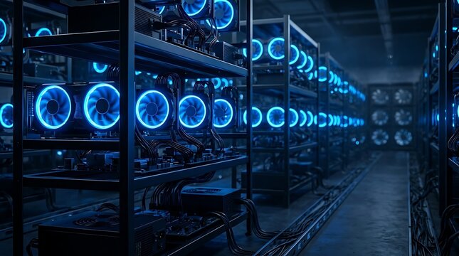Massive cryptocurrency mining farm with rows of glowing blue computer servers and cooling fans operating in a dark industrial data center for digital currency generation and blockchain technology