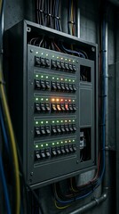 Naklejka premium Electrical power distribution panel with many switches and indicator lights in a modern industrial setting with visible wiring and conduits