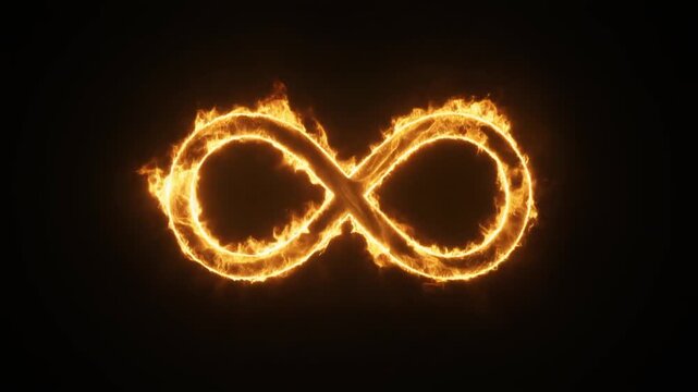 A glowing infinity symbol made of fiery golden light on a black background, representing eternal energy, continuity, and limitless power through dynamic flame motion and symmetry.