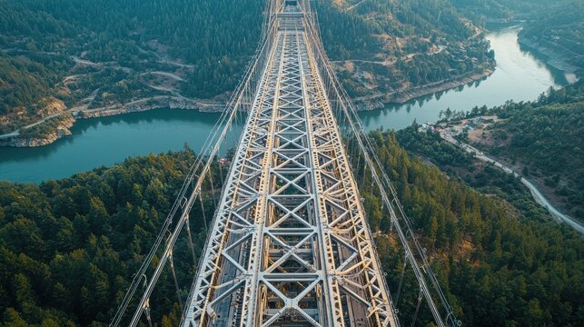 Bridge structural angles aerial view historic American steel truss railway crossing river valley forested landscape engineering architecture industrial heritage