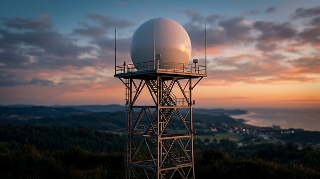 Weather radar station on a hill at sunset overlooking the ocean and a coastal town
