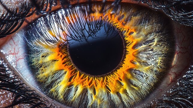Pupil edge definition closeup macro human iris anatomical patterns eyelash texture corneal surface reflections sharp black circle edges colorful fiber details