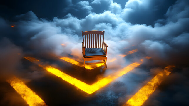 Crib highway smoke road night chair fog empty yellow line dramatic scene with wooden baby crib on asphalt amid glowing markings and dense cloud, surreal danger concept