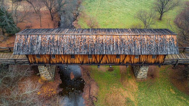 Bridge architectural evolution aerial view historic covered wooden bridge stone pier foundations weathered shingle roof autumn countryside landscape