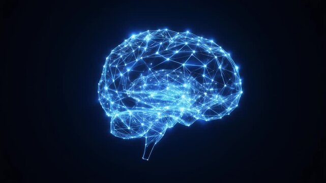 A glowing digital brain formed by interconnected blue lines and nodes on a dark background, symbolizing artificial intelligence, neural networks, data connectivity, and cognitive technology.