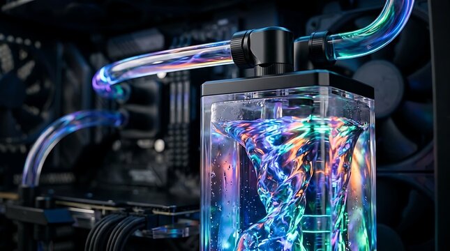 Customized PC liquid cooling system with vibrant swirling colorful water and RGB lighting inside a computer case for gaming or professional use