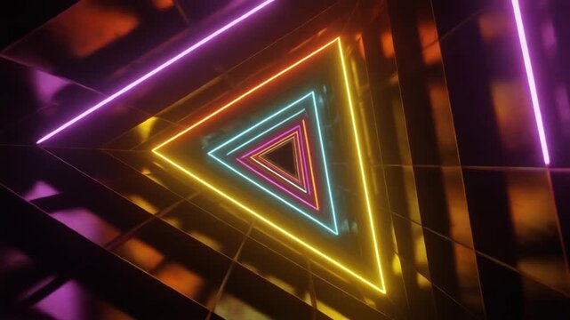 A glowing neon triangle with layered inner shapes radiates multicolor light&mdash;yellow, orange, purple, and blue&mdash;against a black background, symbolizing futuristic geometry, energy, and digital symmetry.