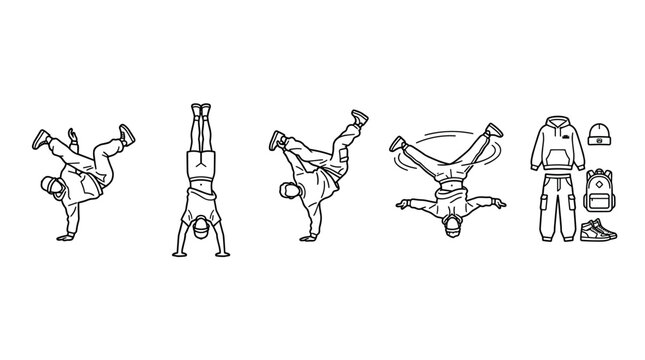 Breakdancer performing dynamic hip hop street dance moves, showcasing various acrobatic poses and essential urban fashion accessories in a clean line art style.