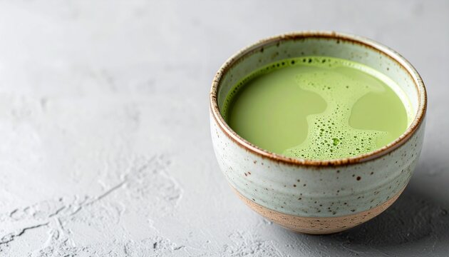 Traditional matcha tea in a ceramic bowl, elegant Japanese-inspired setting, neutral background with copy space, premium food photography
