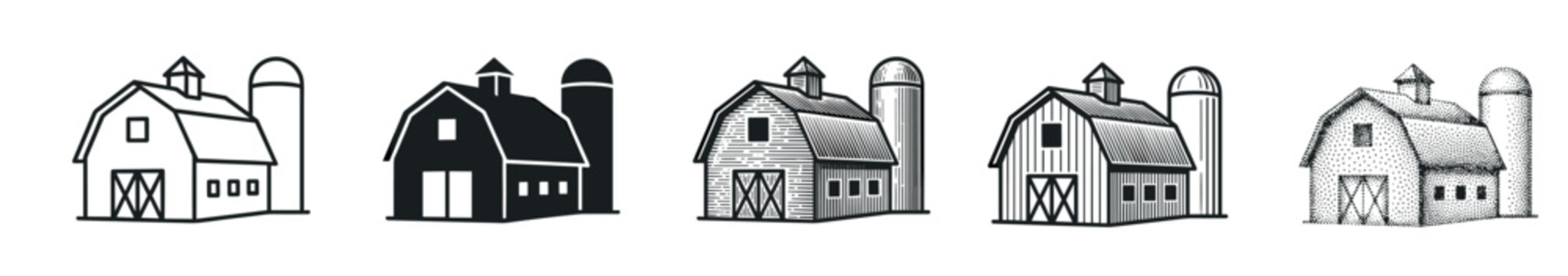 Barn and silo icons collection depicting rustic agricultural buildings, showcasing various artistic styles from outline to detailed engraving and stipple art.