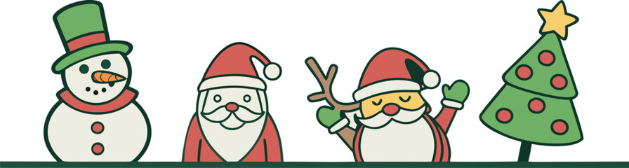 Cute Christmas holiday border vector illustration set featuring snowman Santa Claus reindeer and decorated tree isolated on white background.Cute Christmas holiday border vector illustration set featu © MdAnowar