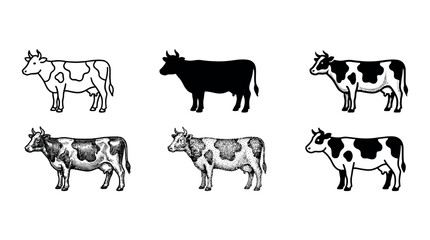 Obraz premium Six different cow illustrations showcasing various artistic styles, including outline, silhouette, and detailed engraving for farm and dairy concepts.