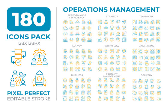 Operations management two color line icons set collection. Administration of business practices. Planning bicolor outline mega pack isolated, pixel perfect. Duotone thin lineart. Editable stroke