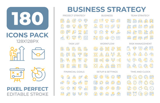 Business strategy two color line icons set collection. Corporate development planning. Organization challenge bicolor outline mega pack isolated, pixel perfect. Duotone thin lineart. Editable stroke