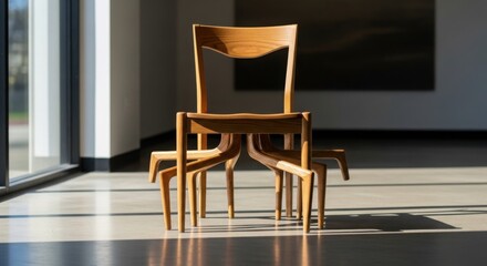 Fototapeta premium Empty wooden chair standing alone in bright sunlit minimalist interior with shadow play