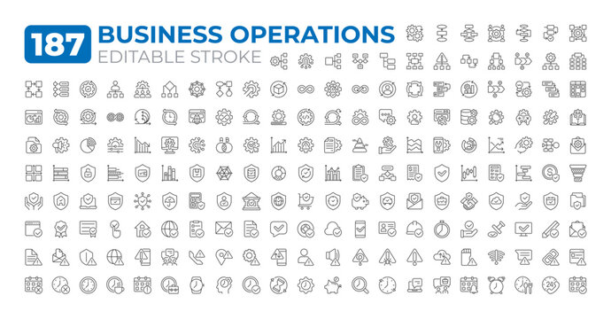Business operations line icons big set. Activities and systems of company to generate revenue. Corporate management iconset outline pictograms. Isolated linear vector illustrations. Editable stroke