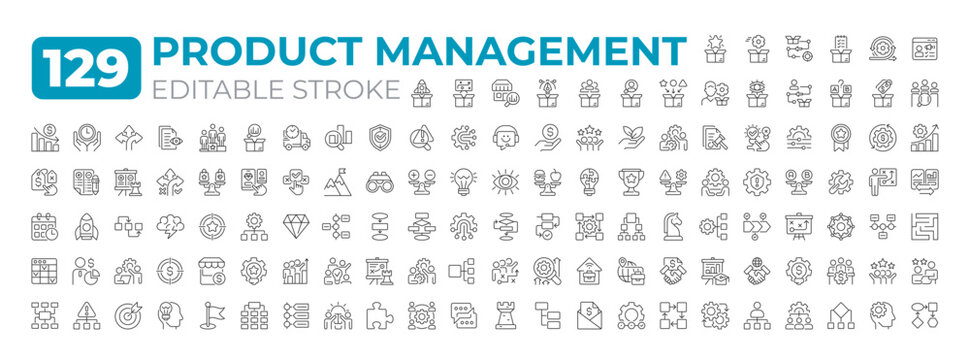 Product management line icons big set. Strategic business practice. Process from development to launch iconset outline pictograms. Isolated linear vector illustrations. Editable stroke