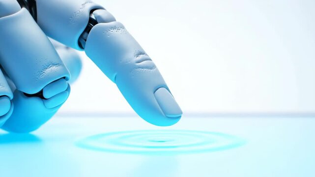Ultra HD 4K Cinematic Robotic Finger Interacting With Glowing Touch Interface � Professional Stock Video Footage for Commercial, Marketing, Advertising and Digital Media Projects