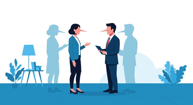 Business man and woman talking to each other with long noses and shadows representing lying, dishonesty, and deceit in the workplace.