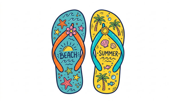 Summer Beach Flip Flops with Tropical Decorative Design, Colorful Vacation Footwear Illustration