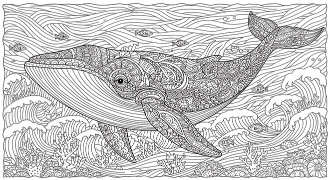 Intricate whale swimming in patterned ocean waves for coloring
