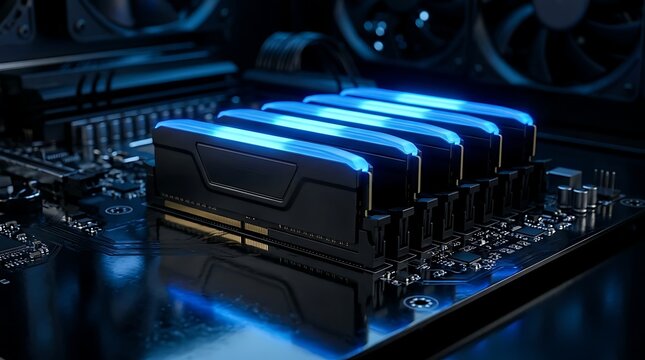 Futuristic computer RAM modules with glowing blue LEDs on a dark motherboard, representing high-performance technology and digital innovation