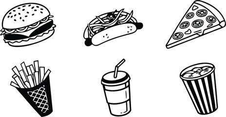 Fast food line icon vector set featuring a burger hot dog pizza slice french fries and soda cups isolated on white background.Fast food line icon vector set featuring a burger hot dog pizza slice fren © MdAnowar