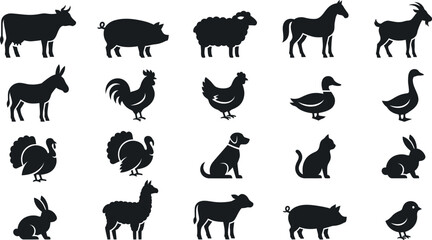 Fototapeta premium Farm Animal Silhouettes: Cow, Pig, Sheep, Horse, Goat, Donkey, Rooster, Chicken, Duck, Goose