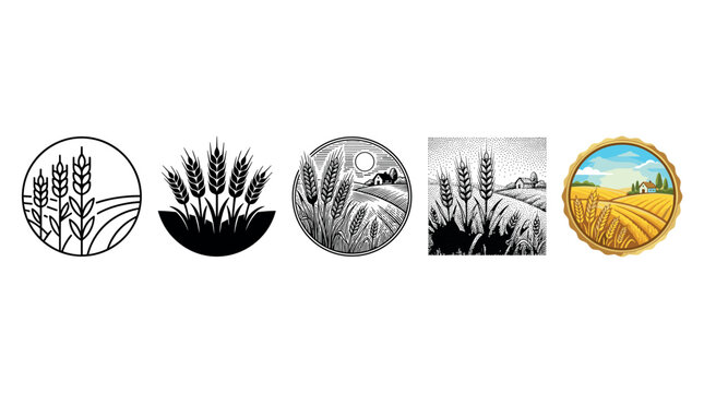 Collection of wheat grain field illustrations and logos representing agriculture, harvest, and farming themes in diverse artistic styles.