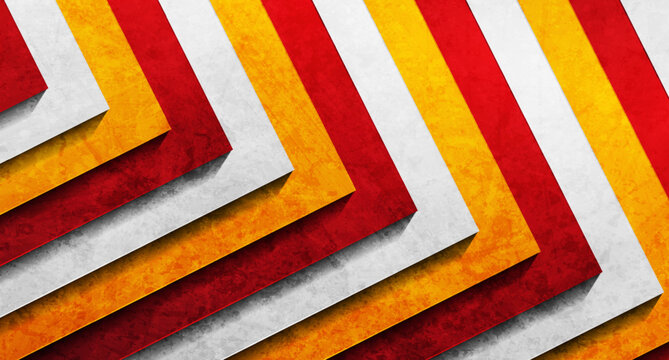 Abstract geometric grunge background with layered red and orange arrows. Vector concept tech graphic design