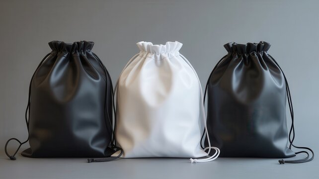 Three drawstring bags, two black and one white, displayed on a solid gray background.