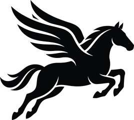 Fototapeta premium Silhouette of a black winged horse, Pegasus, flying with wings spread