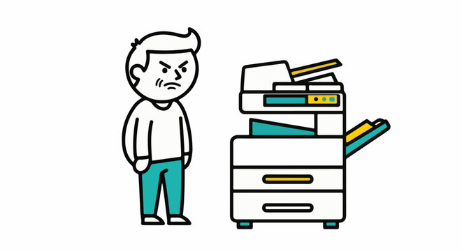 Frustrated young man standing beside large office printer.