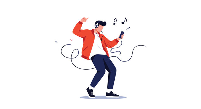 Energetic young man wearing headphones and dancing joyfully while listening to music from his smartphone with musical notes in the air.