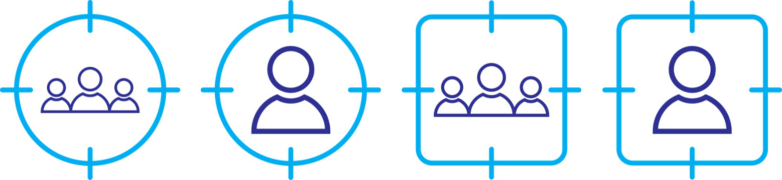 Audience targeting icon set showing individual and group focus symbols inside target circles. Vector illustration of target audience icons featuring a person silhouette inside crosshair symbol. Target