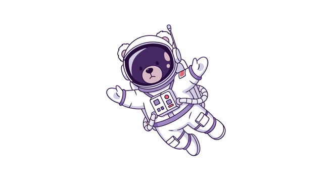 Adorable illustration of a teddy bear dressed in a detailed white space suit floating in zero gravity like a brave little astronaut.