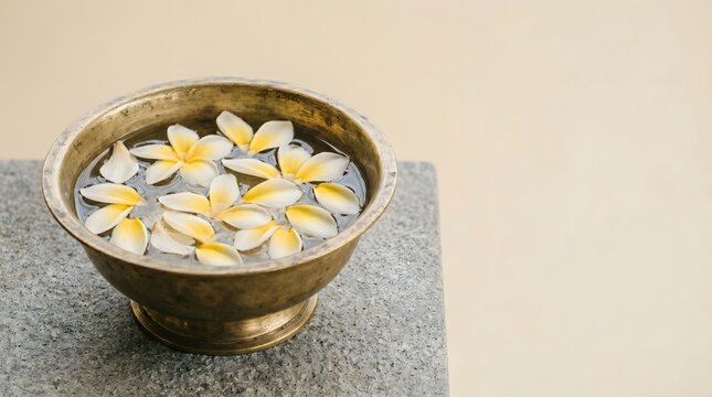 Plain brass bokor offering bowl filled with floating white frangipani petals in clear water on stone surface, Balinese Hindu ritual offering cultural editorial horizontal with copy space