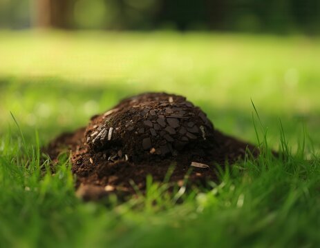 Fresh molehill of dark soil on green grass lawn in garden