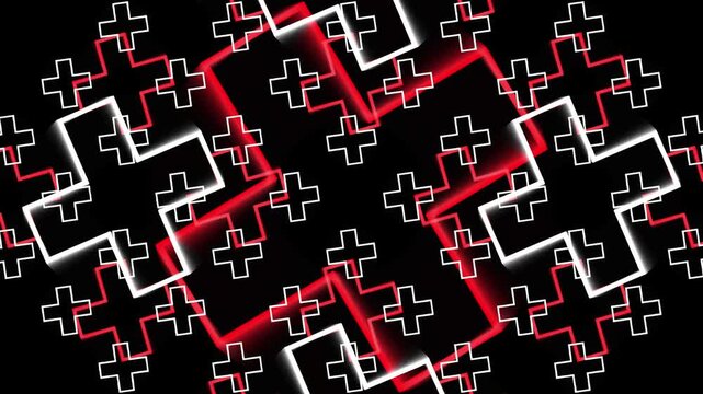 Abstract Geometric Pattern of Glowing Red and White Crosses Animating on a Black Background. 4K Video